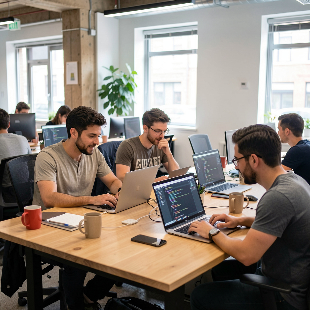 Development team collaborating on software project